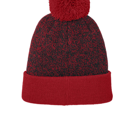 Deep red and black Sport-Tek® Halftime Heather Pom Beanie cap with a flat back, showcasing its cozy knit design and pom detail.