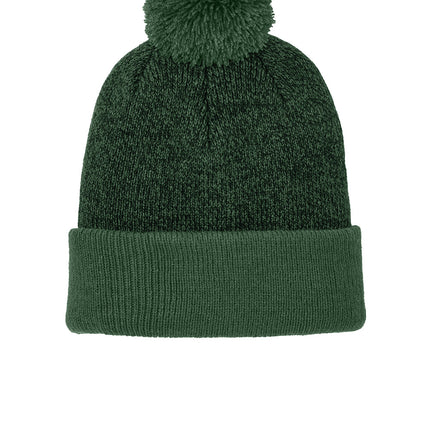 Forest green and black Sport-Tek® Halftime Heather Pom Beanie cap with a flat front and cozy knit design.