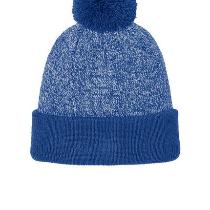 Sport-Tek® Halftime Heather Pom Beanie cap in true royal and silver, featuring a stylish knit design and a pom on top.