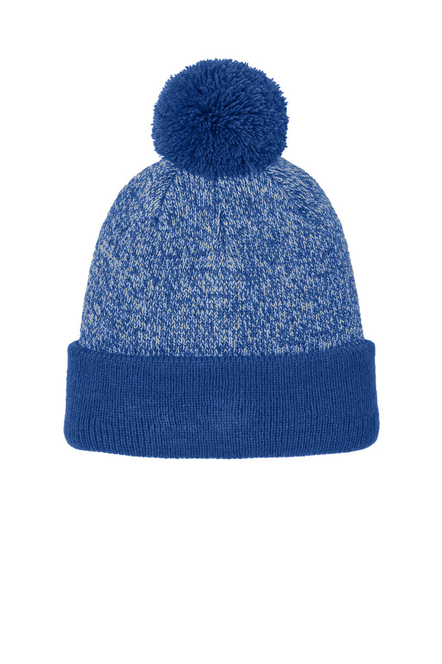 Sport-Tek® Halftime Heather Pom Beanie cap in true royal and silver, featuring a stylish knit design and a pom on top.
