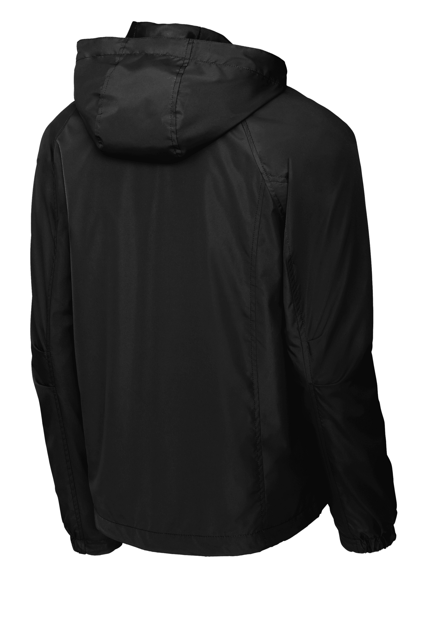 Black Sport-Tek hooded raglan windbreaker jacket with front zipper and adjustable hood, shown from the back.