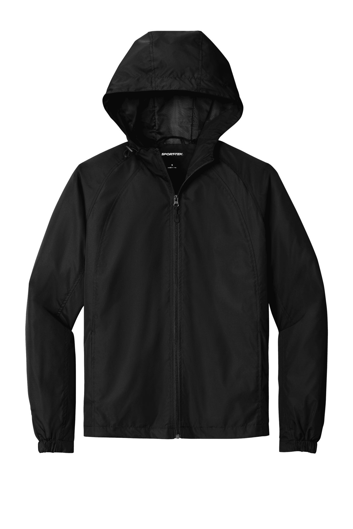 Black Sport-Tek hooded raglan windbreaker jacket with front zipper and sporty design, perfect for active outdoor wear.