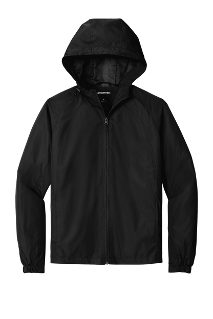Black Sport-Tek hooded raglan windbreaker jacket with front zipper and sporty design, perfect for active outdoor wear.