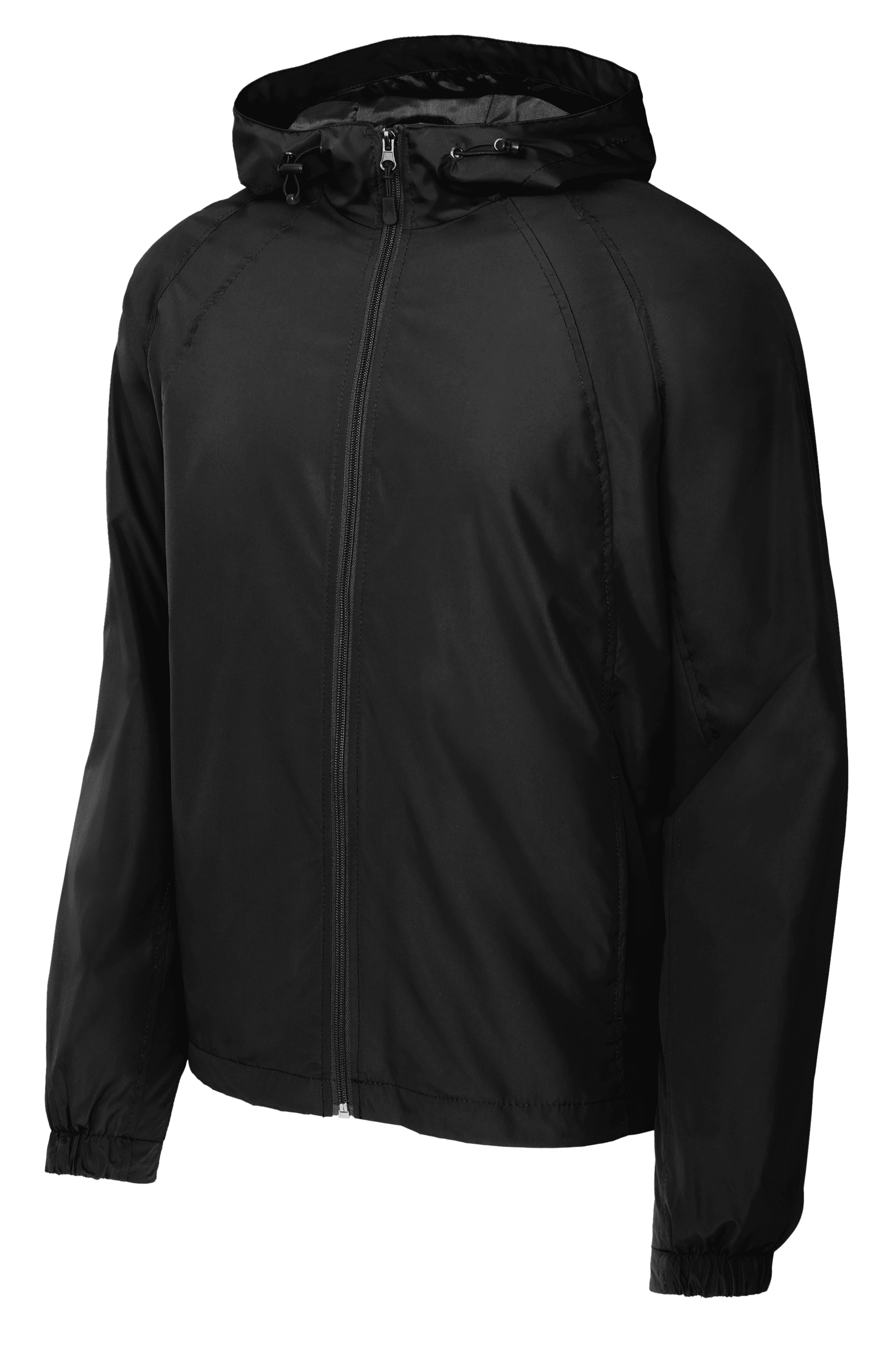 Black Sport-Tek hooded raglan windbreaker jacket with front zipper and adjustable hood, designed for active wear.
