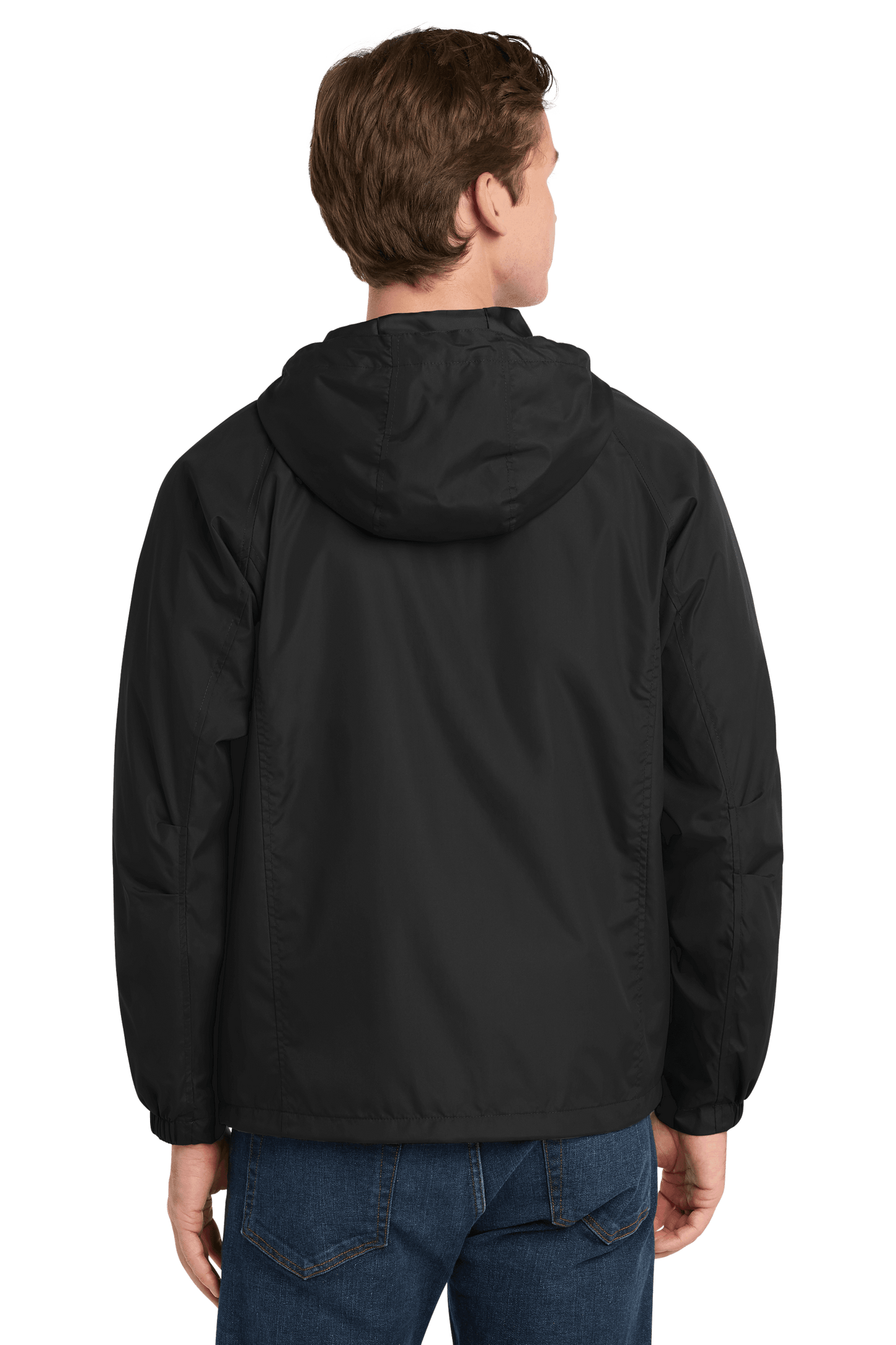 Black Sport-Tek hooded raglan windbreaker jacket with front zipper and adjustable hood, worn by a model.
