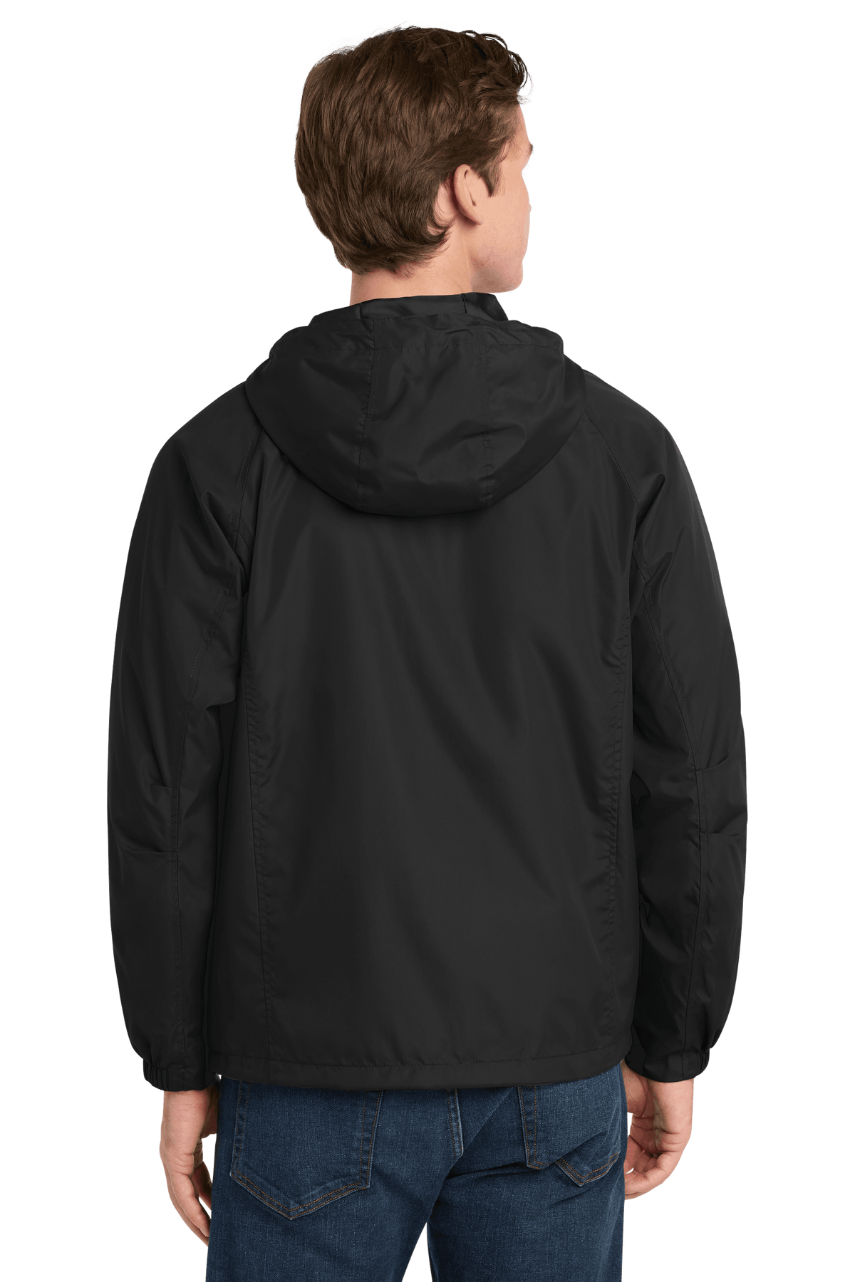 Black Sport-Tek hooded raglan windbreaker jacket with front zipper and adjustable hood, worn by a model.