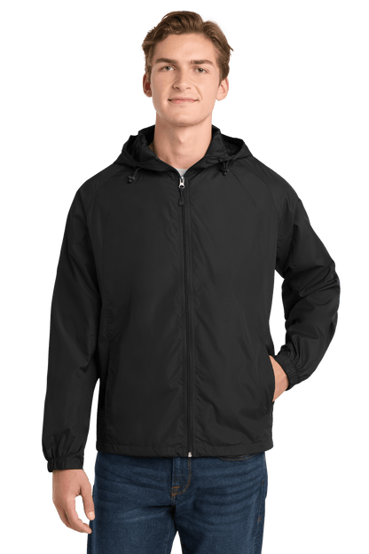 Black Sport-Tek hooded raglan jacket windbreaker with front pockets, lightweight and sporty for activewear.