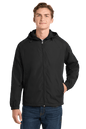Black Sport-Tek hooded raglan jacket windbreaker with front pockets, lightweight and sporty for activewear.