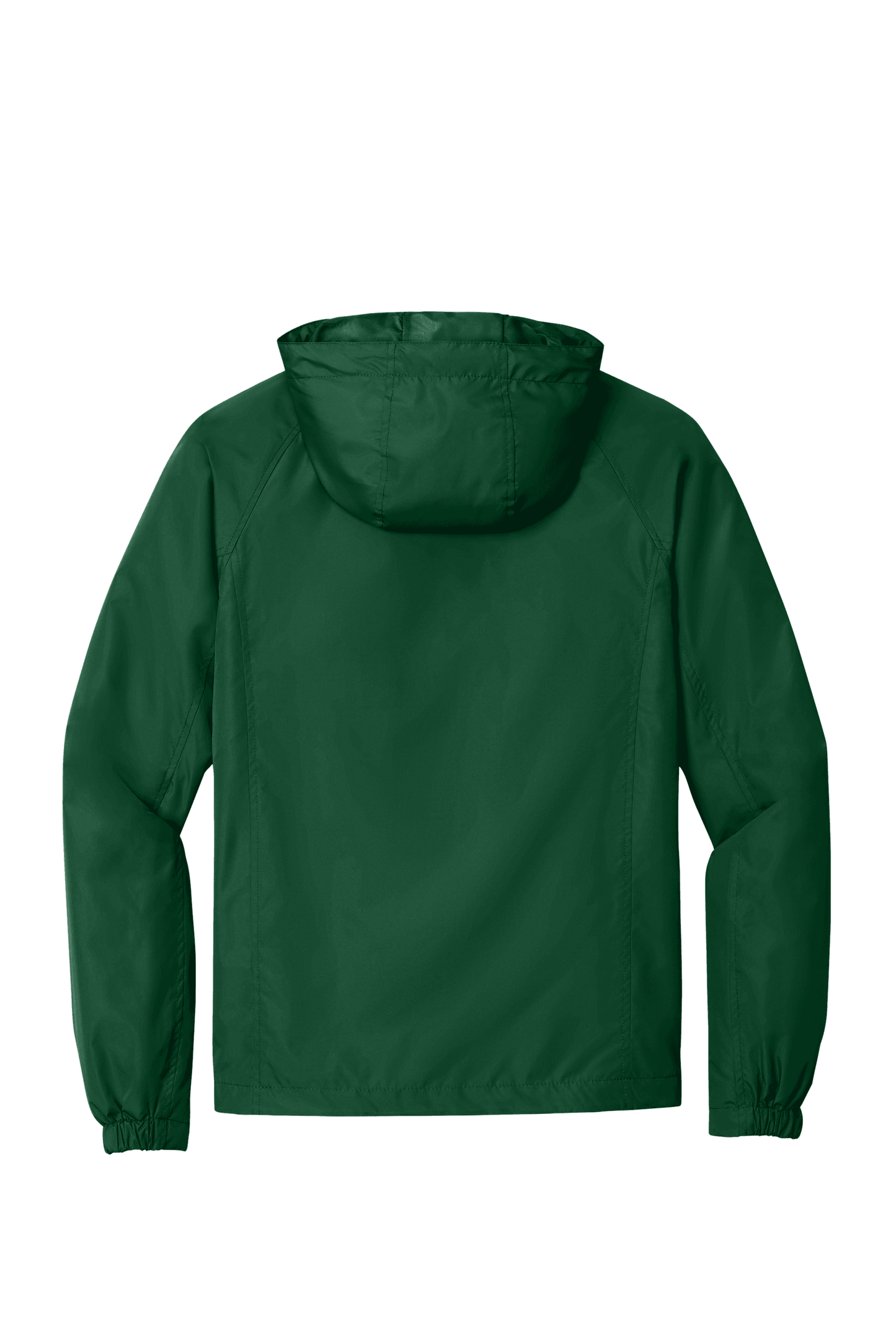 Sport-Tek hooded raglan windbreaker jacket in forest green, lightweight with a front zipper and adjustable hood.