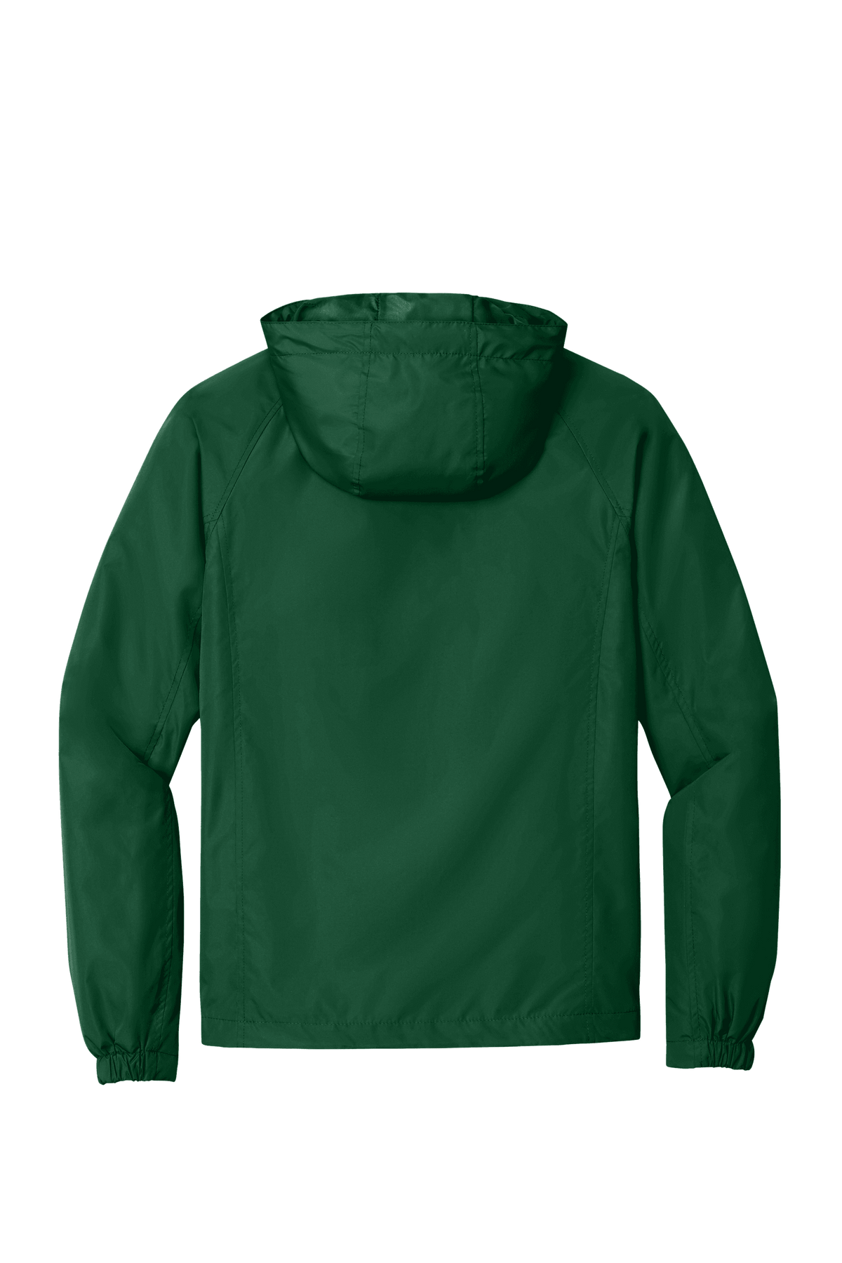 Sport-Tek hooded raglan windbreaker jacket in forest green, lightweight with a front zipper and adjustable hood.