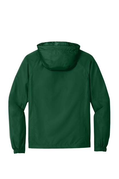 Sport-Tek hooded raglan windbreaker jacket in forest green, lightweight with a front zipper and adjustable hood.