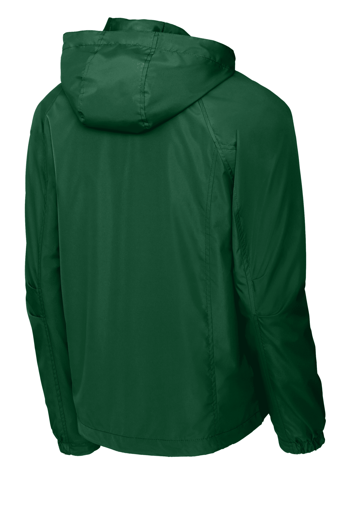 Sport-Tek hooded raglan windbreaker jacket in forest green, lightweight with front pockets and adjustable hood.