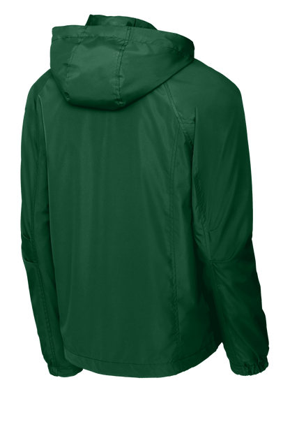 Sport-Tek hooded raglan windbreaker jacket in forest green, lightweight with front pockets and adjustable hood.