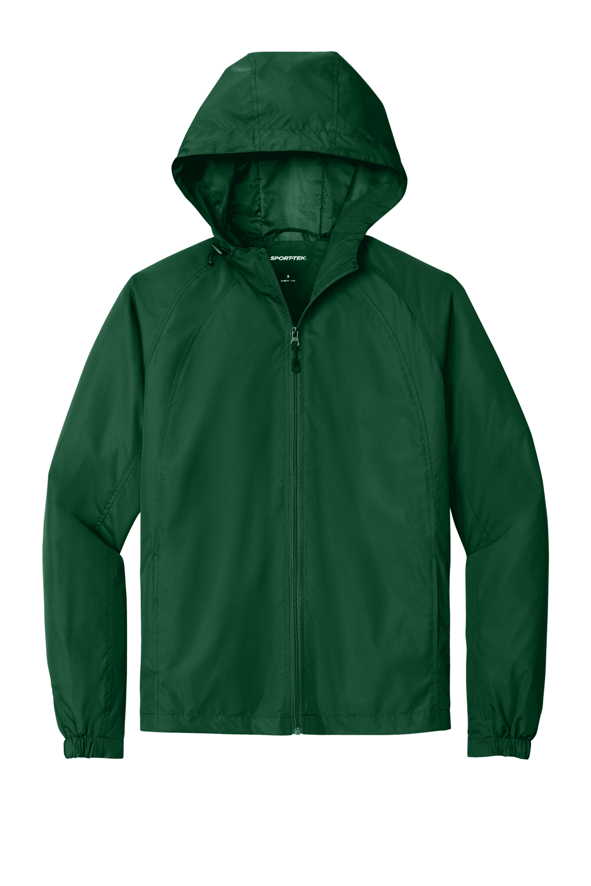 Sport-Tek hooded raglan windbreaker jacket in forest green, front view showing lightweight design and adjustable hood.