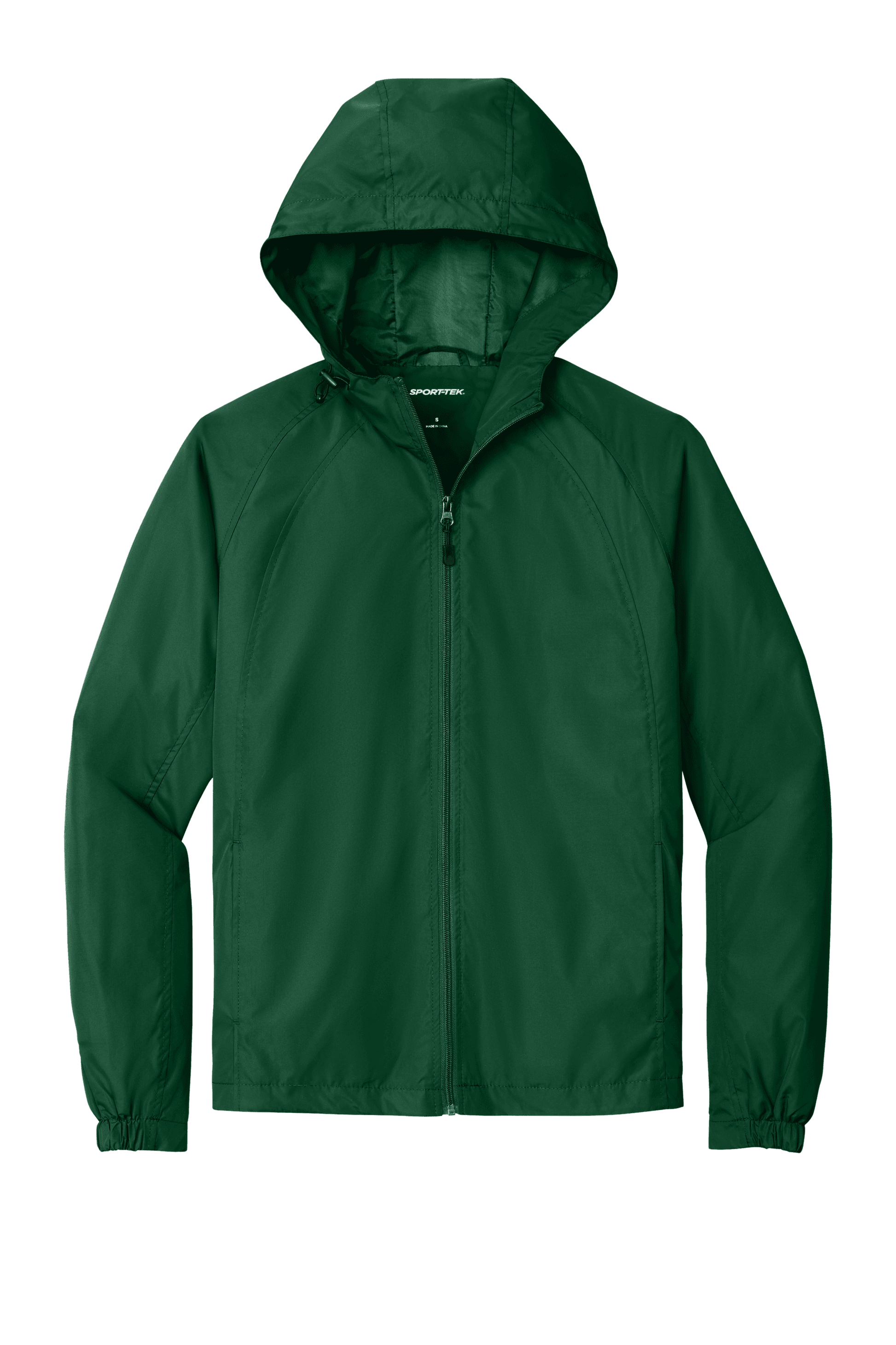 Sport-Tek hooded raglan windbreaker jacket in forest green, front view showing lightweight design and adjustable hood.