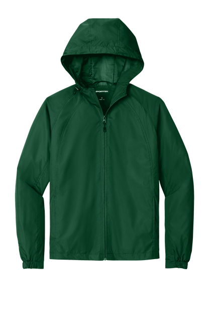 Sport-Tek hooded raglan windbreaker jacket in forest green, front view showing lightweight design and adjustable hood.