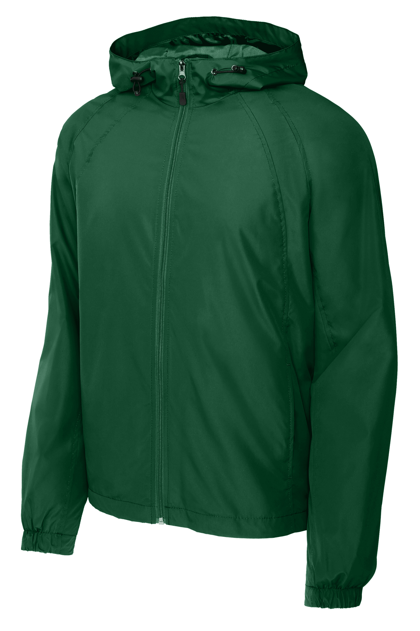 Sport-Tek hooded raglan windbreaker jacket in forest green, front view showing lightweight design and adjustable hood.