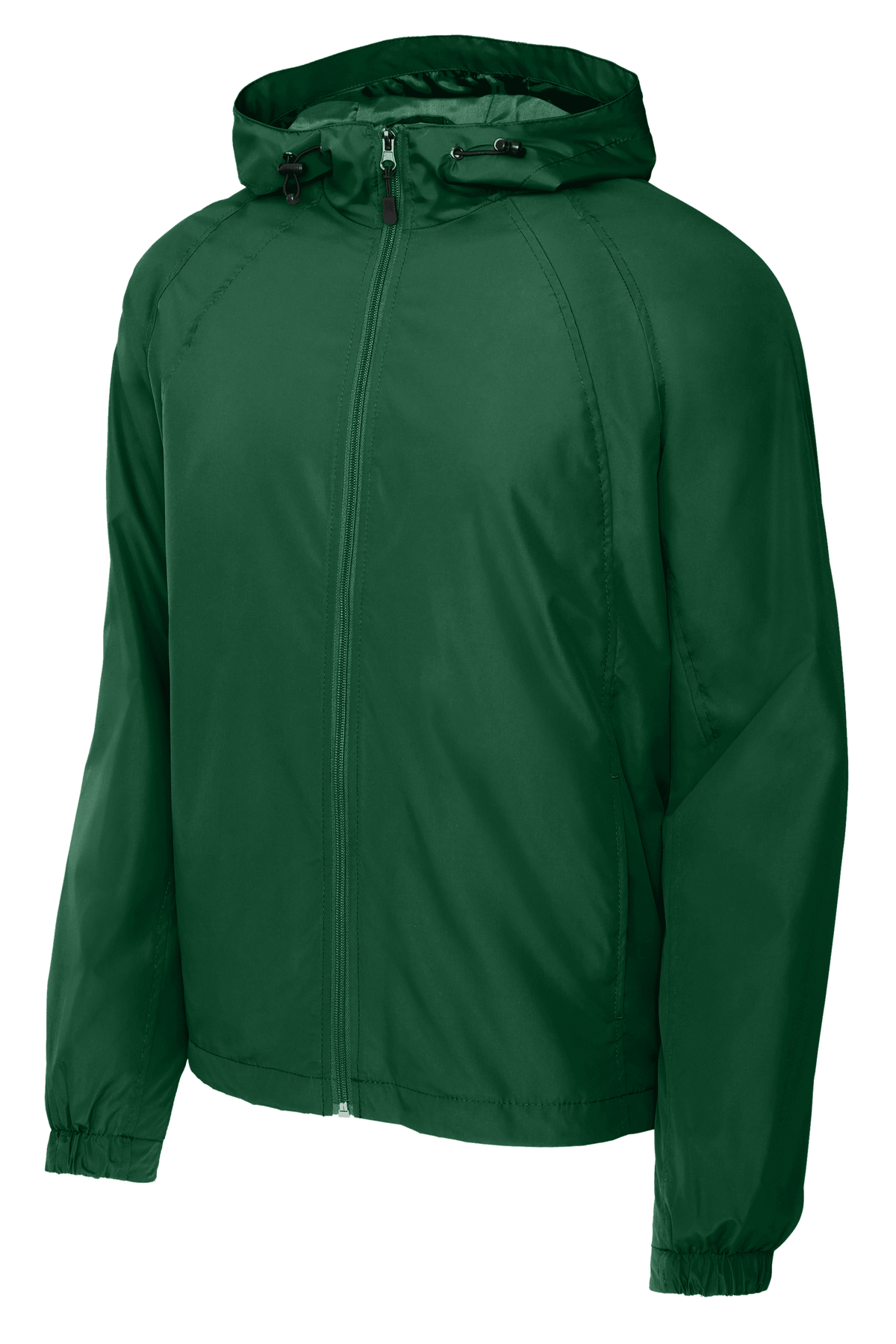 Sport-Tek hooded raglan windbreaker jacket in forest green, front view showing lightweight design and adjustable hood.