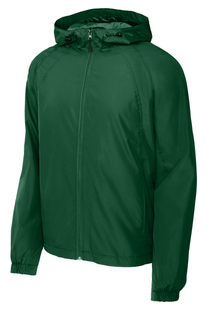 Sport-Tek hooded raglan windbreaker jacket in forest green, front view showing lightweight design and adjustable hood.