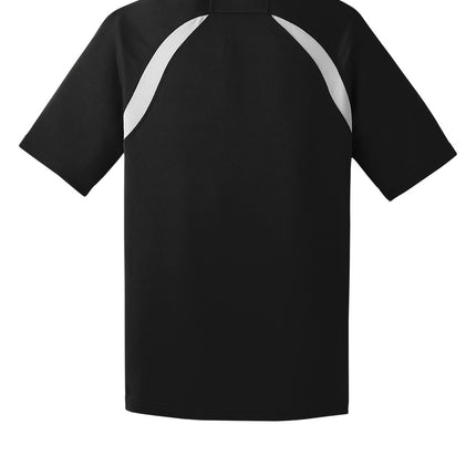 Custom Dry Zone colorblock raglan polo, black/white, back view, raglan sleeves.