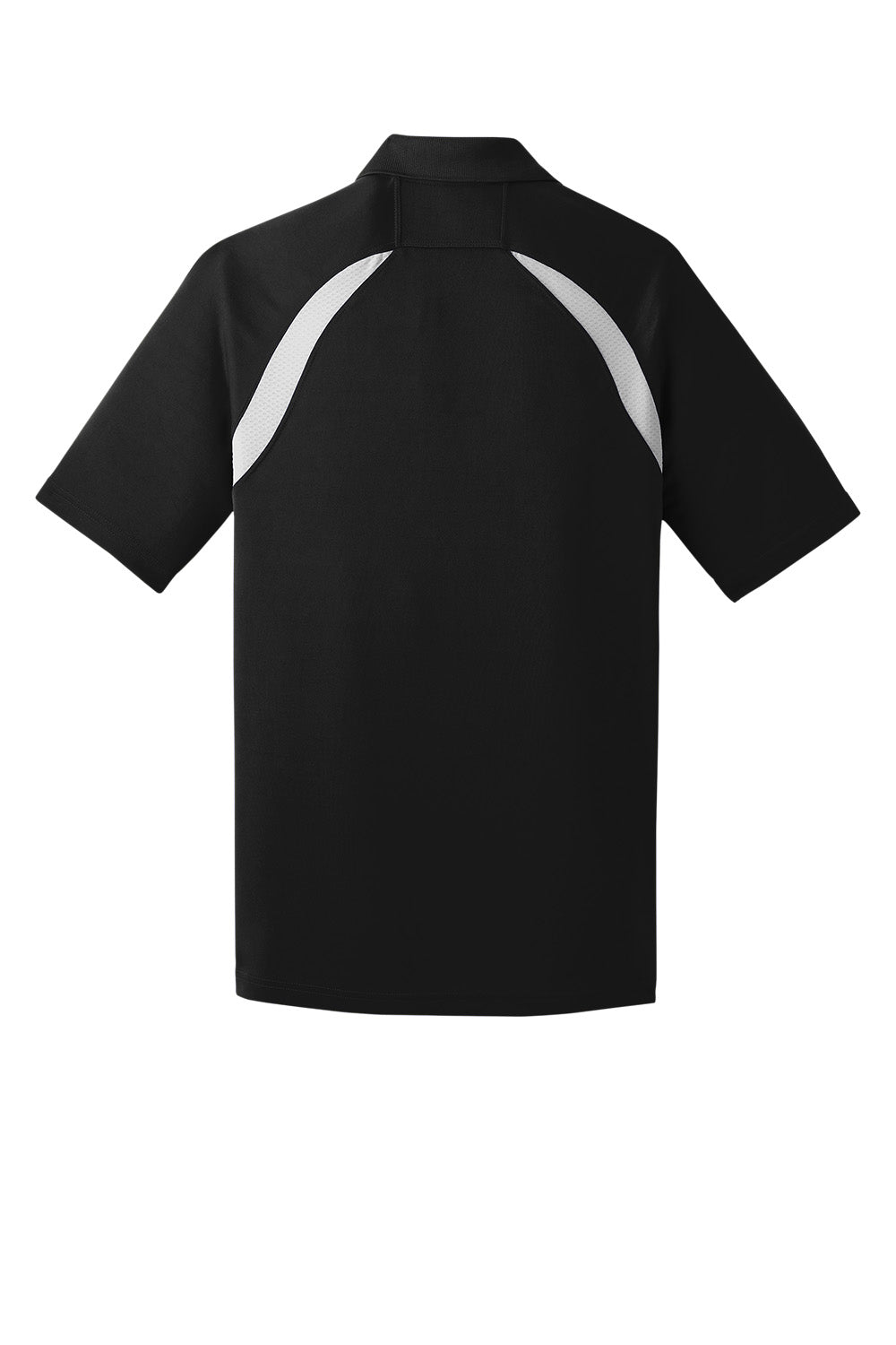 Men's Custom Dry Zone Colorblock Raglan Polo by Print-View, black and white with colorblock design, flat back view