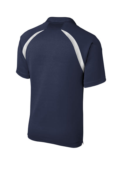 Back view of men's Custom Dry Zone Colorblock Raglan Polo by Print-View, featuring navy and white colorblock design and breathable fabric.