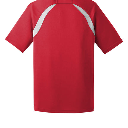 Custom Dry Zone colorblock raglan polo, red/white, back view, breathable mesh panels.