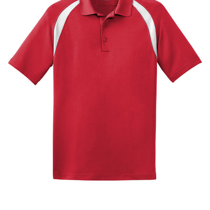 Custom Dry Zone colorblock raglan polo, red/white, front view, moisture-wicking performance.