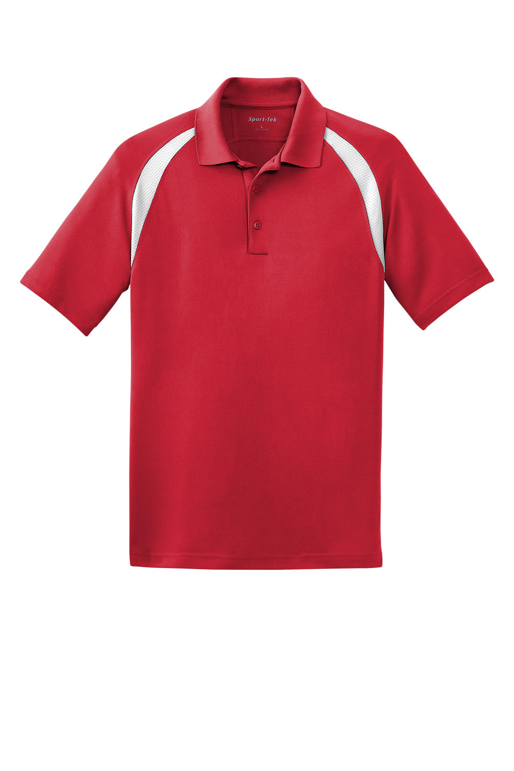 Men's custom Dry Zone colorblock raglan polo shirt in true red and white, flat front view by Print-View