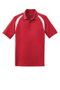 Men's custom Dry Zone colorblock raglan polo shirt in true red and white, flat front view by Print-View
