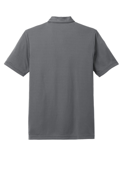 Dark grey TravisMathew Coto Chest Stripe Polo shirt with a front chest stripe design, shown flat back view.