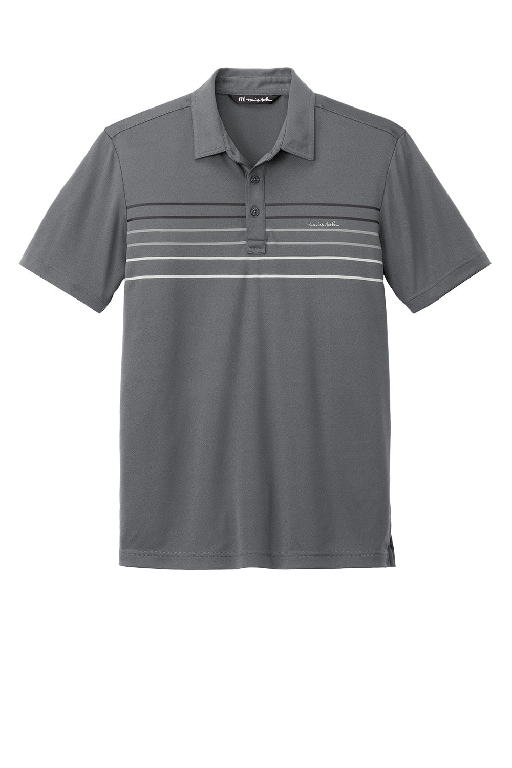 Dark grey TravisMathew Coto Chest Stripe Polo shirt with a flat front and striped design, displayed on a plain background.