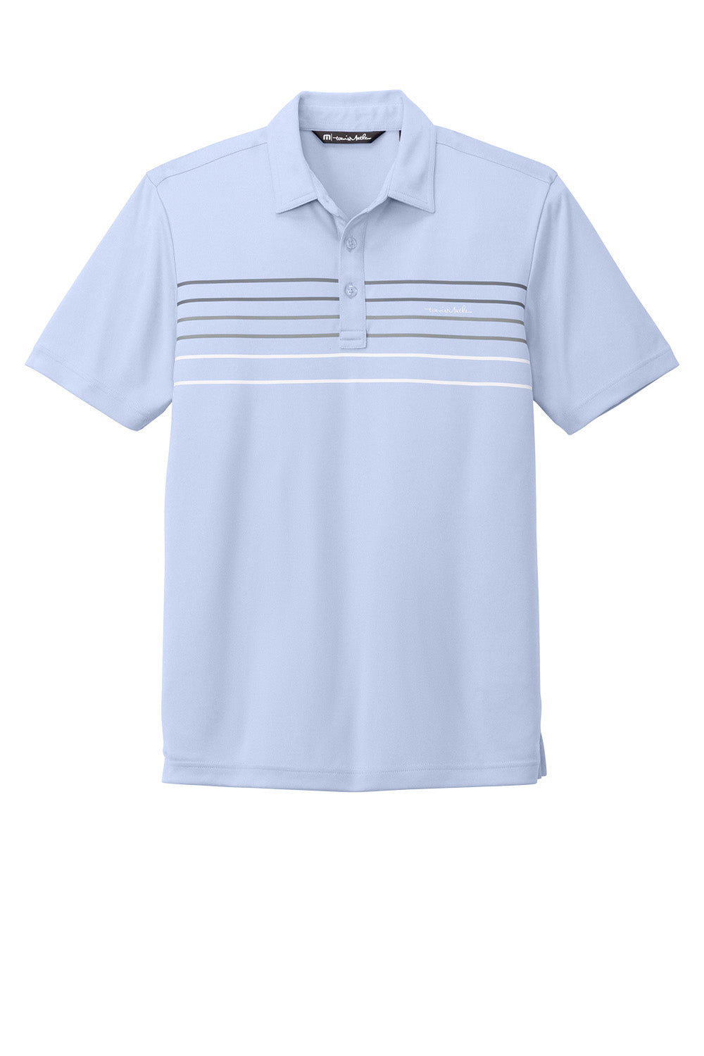 TravisMathew Coto Chest Stripe Polo in Kentucky Blue Heather, front view showing the classic collar and chest stripe detail.