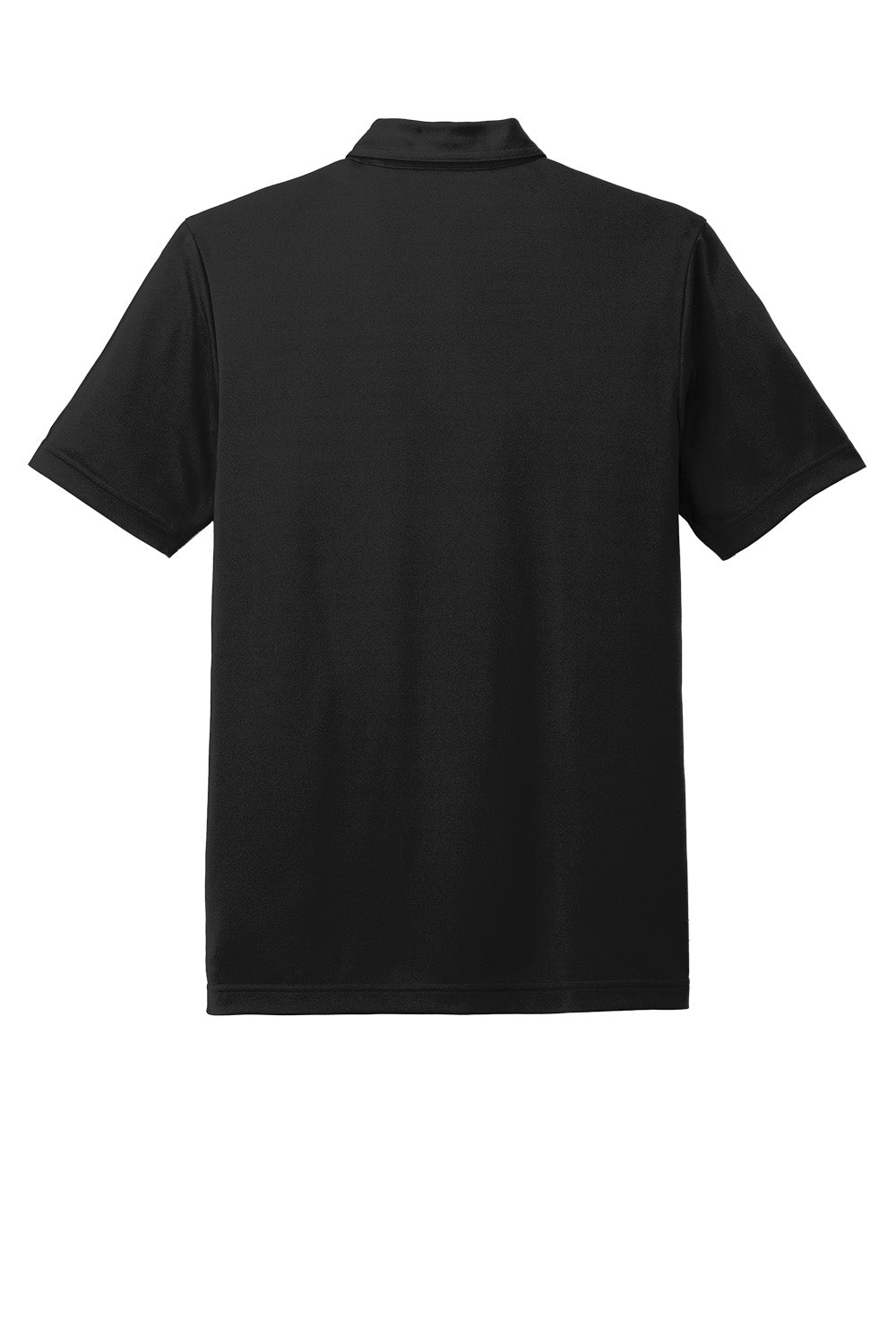 Black TravisMathew Coto Chest Stripe Polo shirt with front chest stripes, shown flat back view.