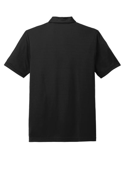 Black TravisMathew Coto Chest Stripe Polo shirt with front chest stripes, shown flat back view.