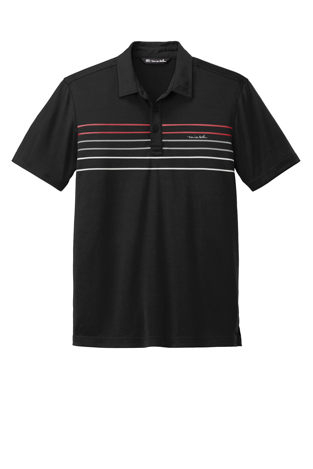 Black TravisMathew Coto Chest Stripe Polo shirt with front chest stripe detail, laid flat for display.