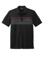 Black TravisMathew Coto Chest Stripe Polo shirt with front chest stripe detail, laid flat for display.