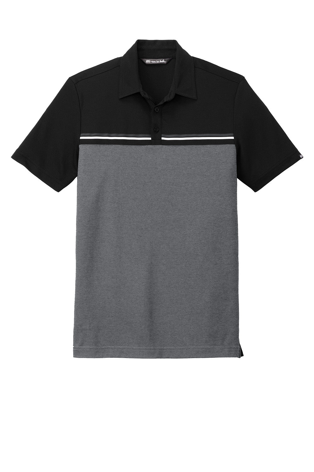 Men's TravisMathew Sunset Blocked Polo in black and dark grey Heather, showing a flat front view of the stylish men's polo shirt.