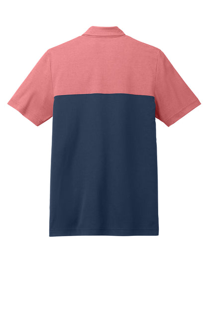 Men's TravisMathew Sunset Blocked Polo in cardinal heather and blue nights, showing a close-up of the collar and fabric details.