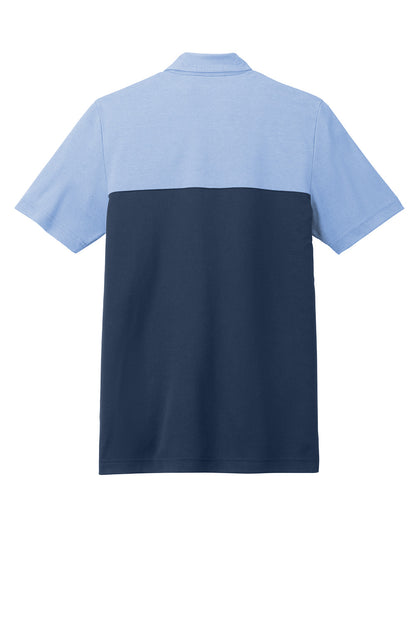 Men's TravisMathew Sunset Blocked Polo in Riviera Heather with blue nights accents, shown flat back view.