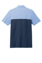 Men's TravisMathew Sunset Blocked Polo in Riviera Heather with blue nights accents, shown flat back view.