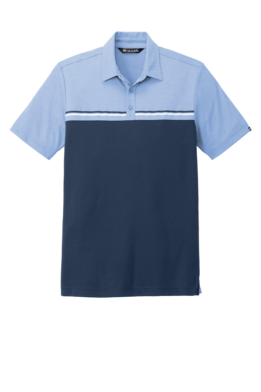 Men's TravisMathew Sunset Blocked Polo in Riviera Heather with blue and navy color blocking, flat front design.