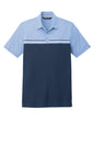 Men's TravisMathew Sunset Blocked Polo in Riviera Heather with blue and navy color blocking, flat front design.