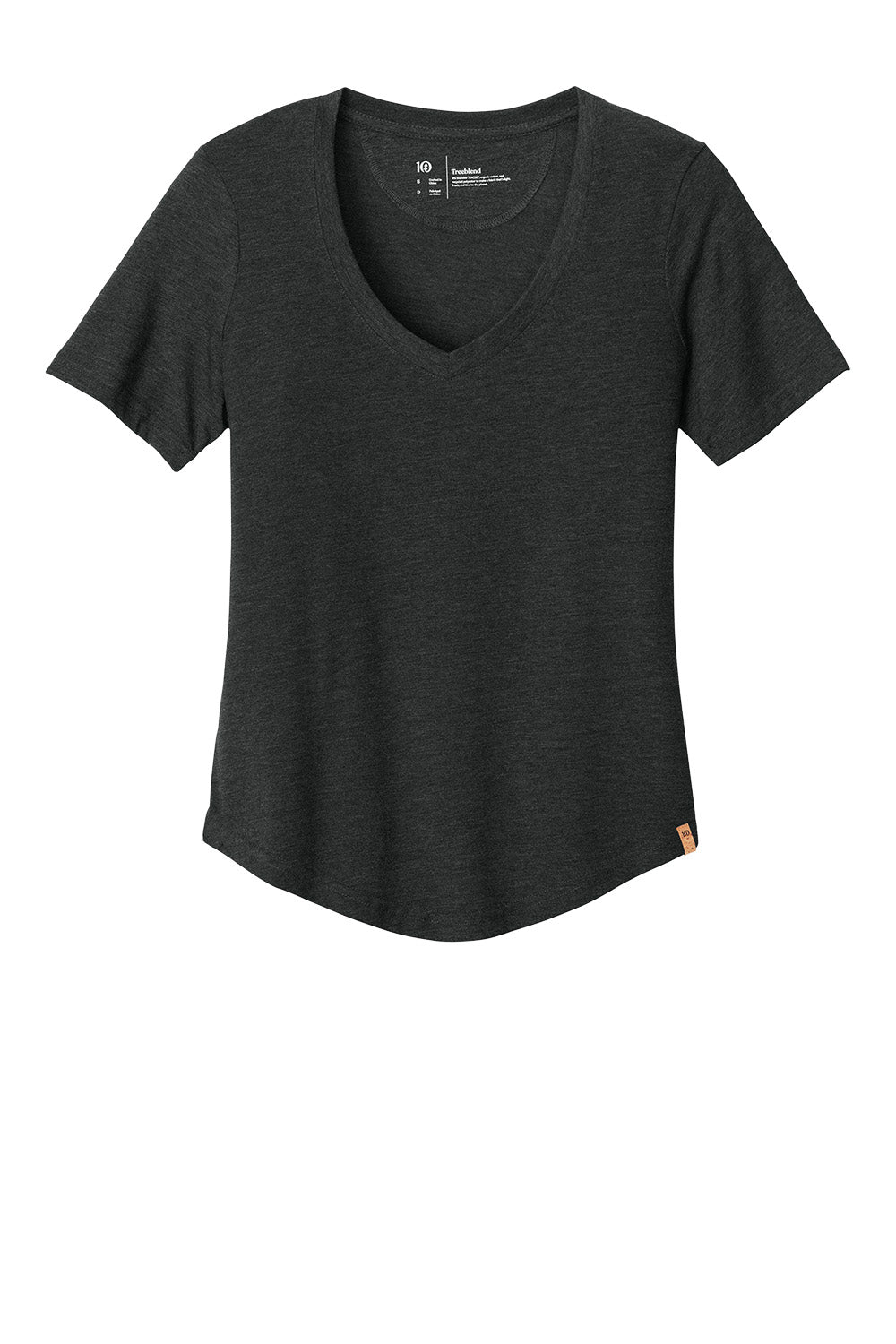 Women’s TreeBlend V-Neck T-Shirt by tentree® in Meteorite Black Heather, front view showing soft fabric and V-neck design.