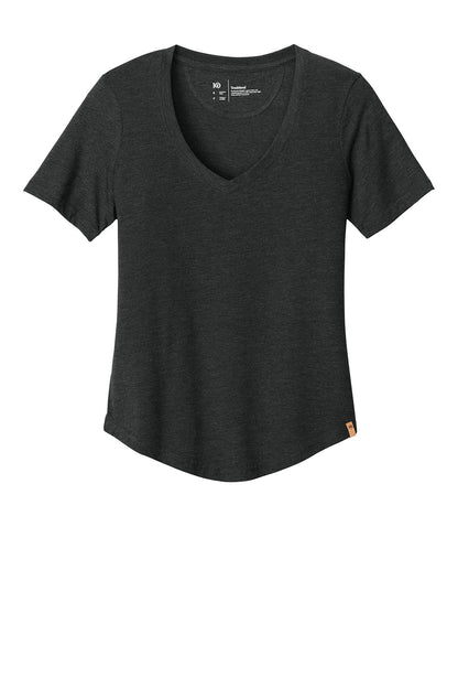 Women’s TreeBlend V-Neck T-Shirt by tentree® in Meteorite Black Heather, front view showing soft fabric and V-neck design.