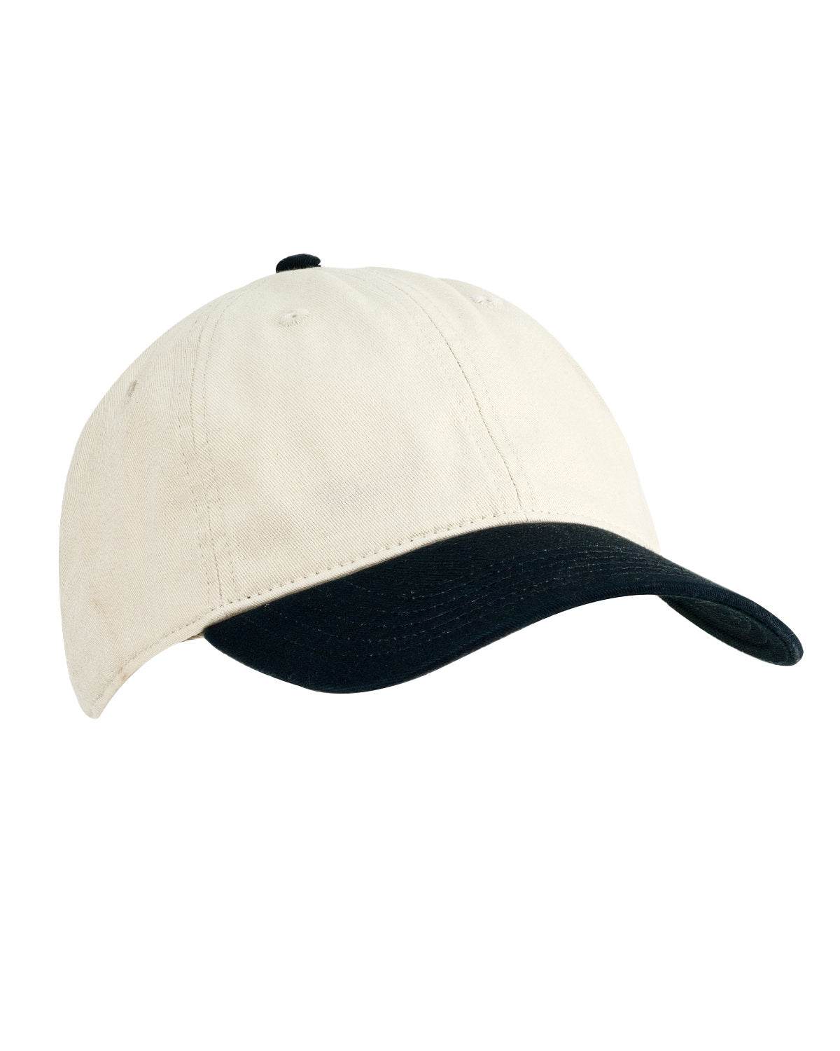 Tan and black Print View baseball hat with unstructured design, shown from the side, featuring a casual baseball cap style.