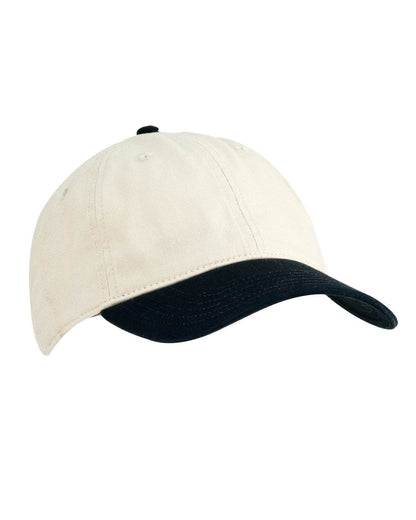 Tan and black Print View baseball hat with unstructured design, shown from the side, featuring a casual baseball cap style.