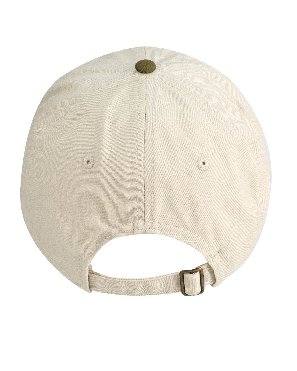 Tan military green Print View baseball cap from Print-View, showing back view with adjustable strap and printed design.