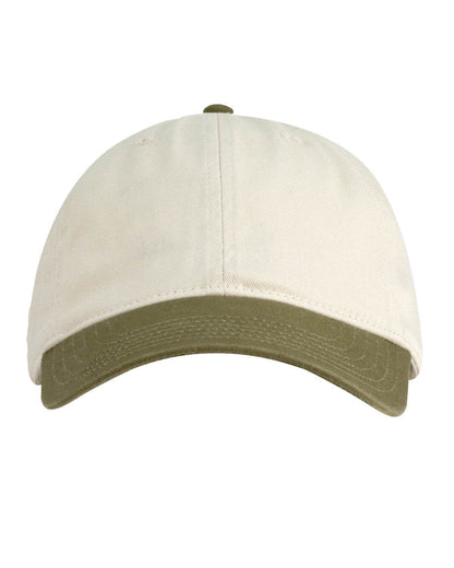 Tan military green Print View baseball cap with structured design, front view showcasing the printed logo on a casual baseball hat.