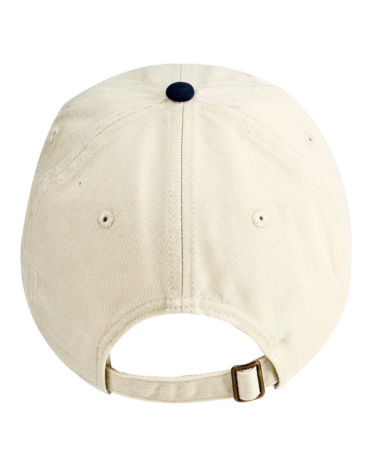 Tan and navy Print View baseball cap with unstructured design, shown from the back, featuring a casual and comfortable fit.